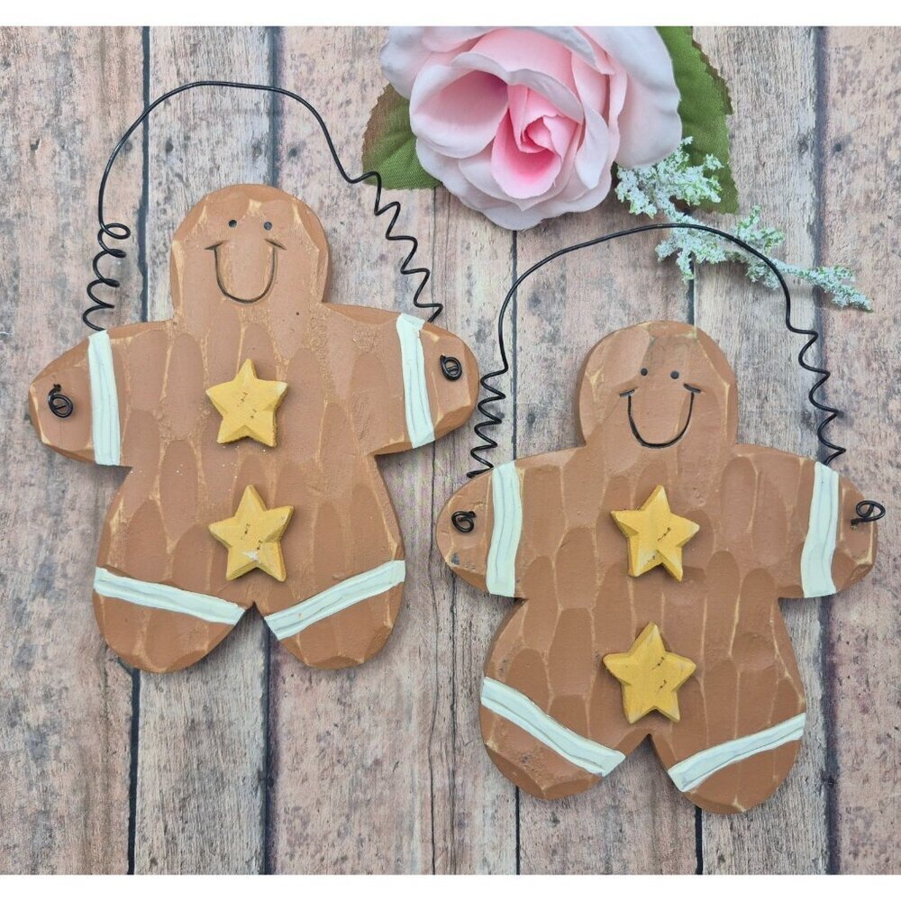 Cute Lot of 2 Large 7" Wooden Gingerbread Man Ornaments Rustic Old Time Look